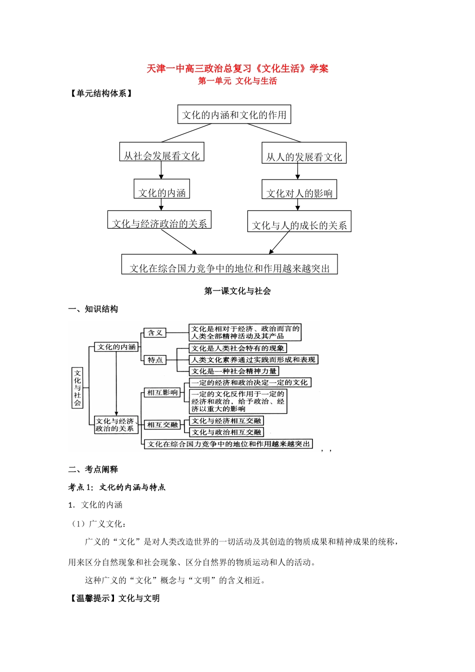 天津一中2010届高三政治总复习文化与社会学案;文化与社会_第1页