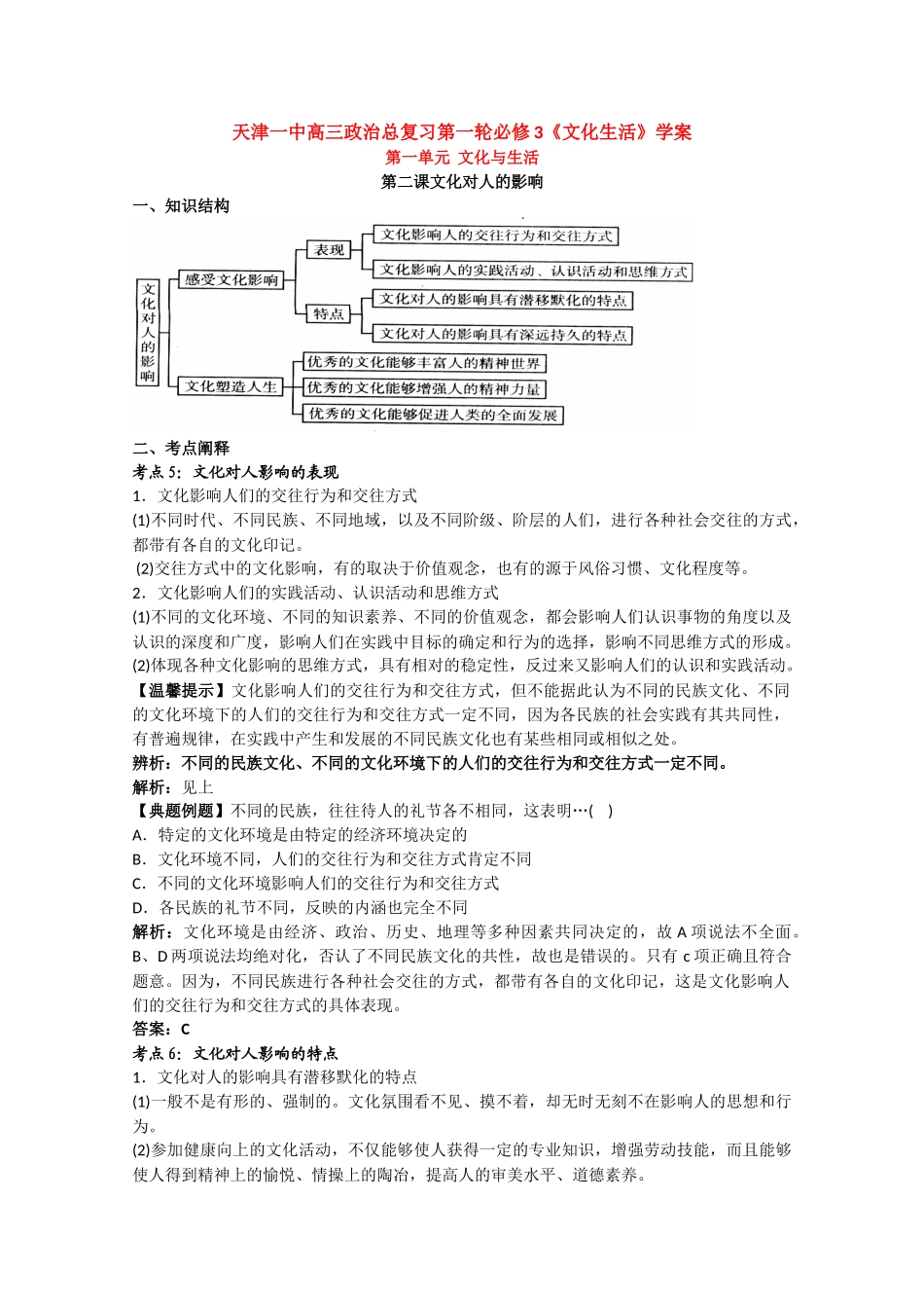 天津一中2010届高三政治总复习文化与生活学案：文化对人的影响_第1页