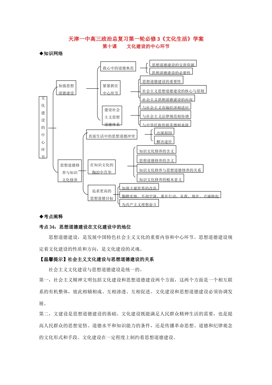 天津一中2010届高三政治总复习文化与生活学案：文化建设的中心环节_第1页