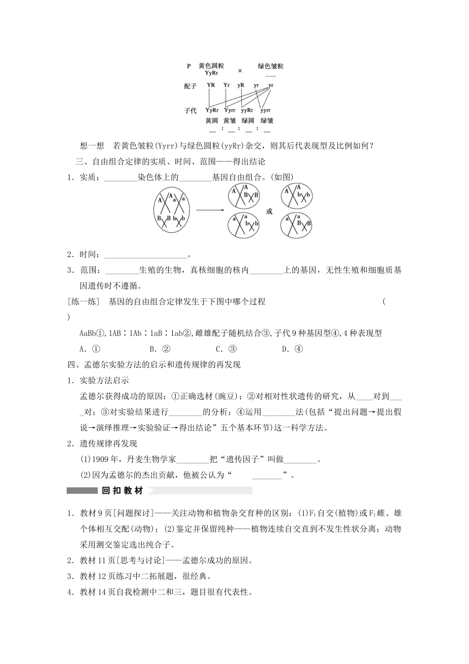 寿县安丰中学2013届高三生物一轮复习 第五单元 孟德尔的豌豆杂交实验二教案_第2页