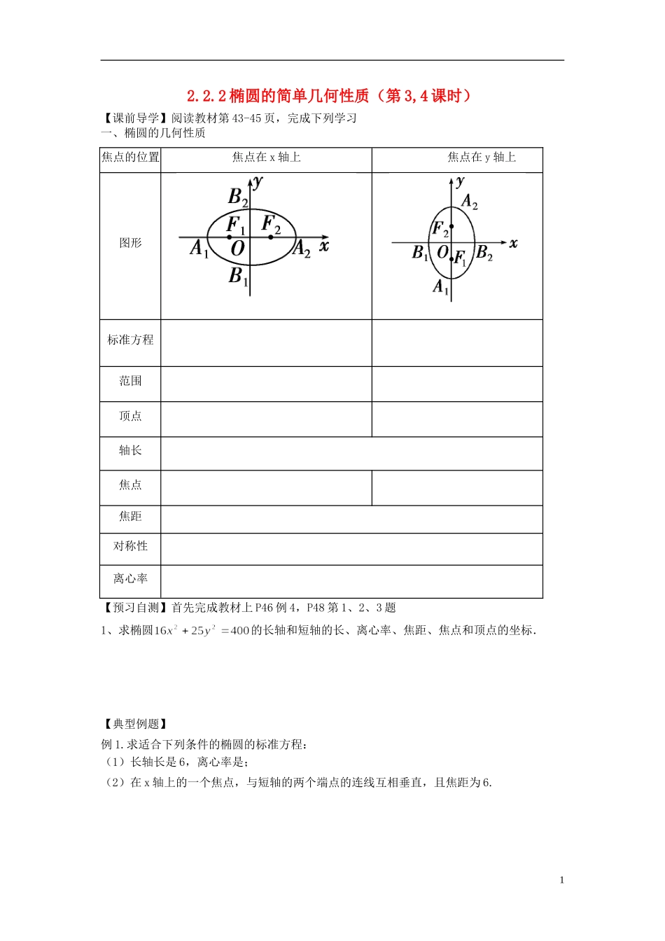 天津一中2013-2014学年高中数学 2.2.2 椭圆的简单几何性质（第3,4课时）导学案 新人教A版选修2-1_第1页