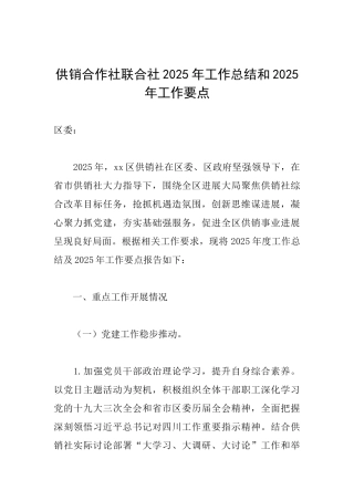 供销合作社联合社2025年工作总结和2025年工作要点