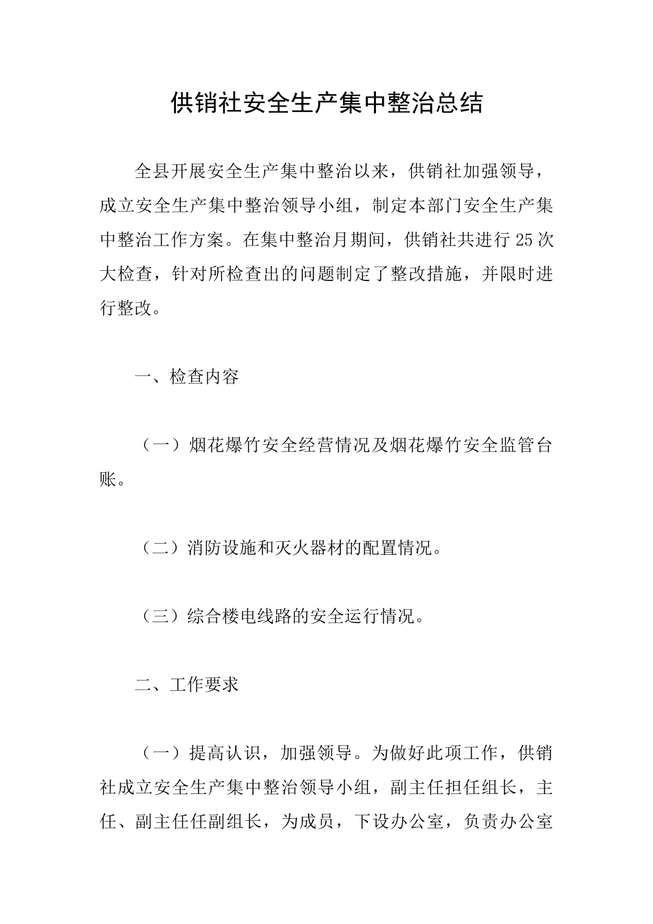 供销社安全生产集中整治总结_第1页