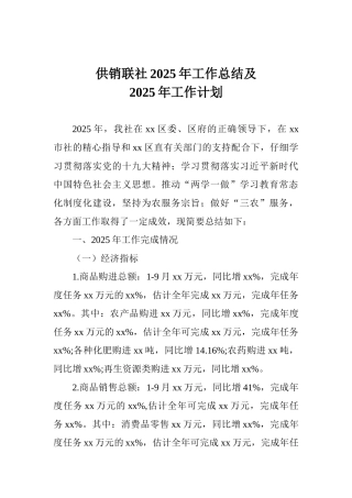 供销联社2025年工作总结及2025年工作计划