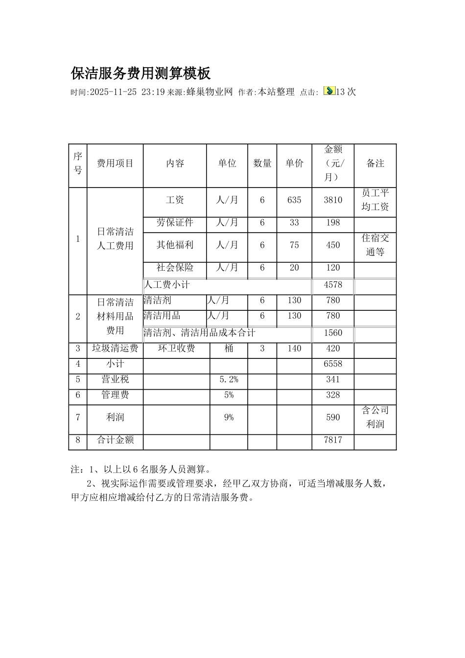 保洁服务费用测算模板_第1页