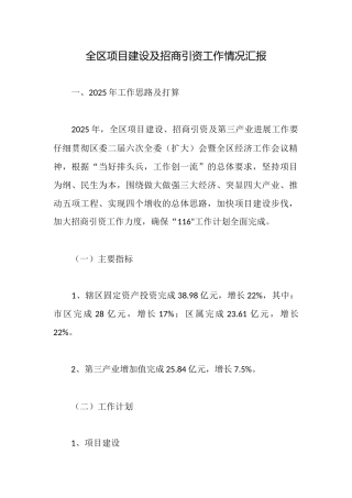 全区项目建设及招商引资工作情况汇报