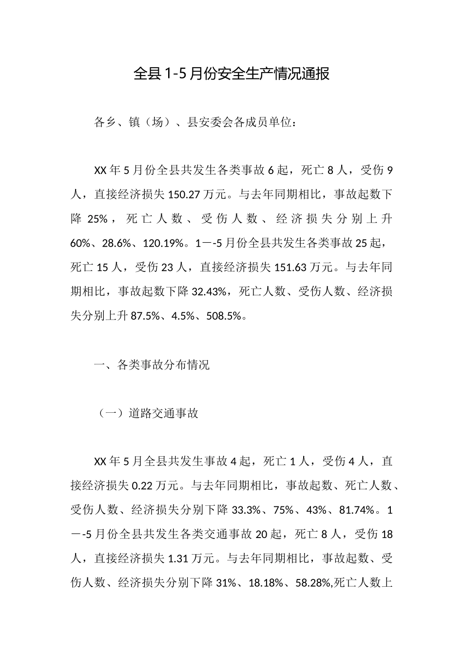 全县15月份安全生产情况通报_第1页