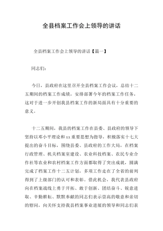 全县档案工作会上领导的讲话