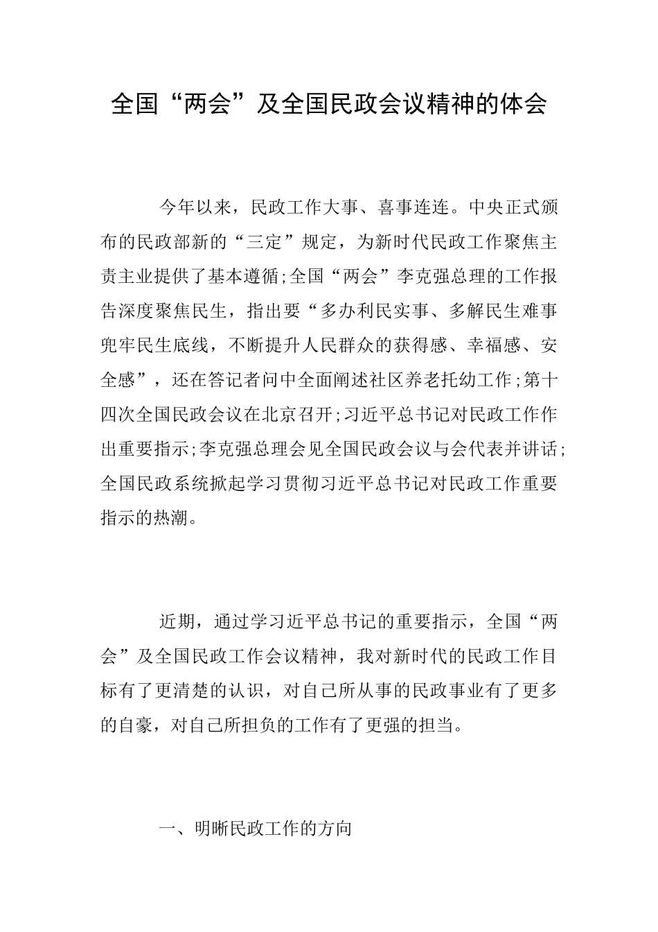 全国“两会”及全国民政会议精神的体会_第1页