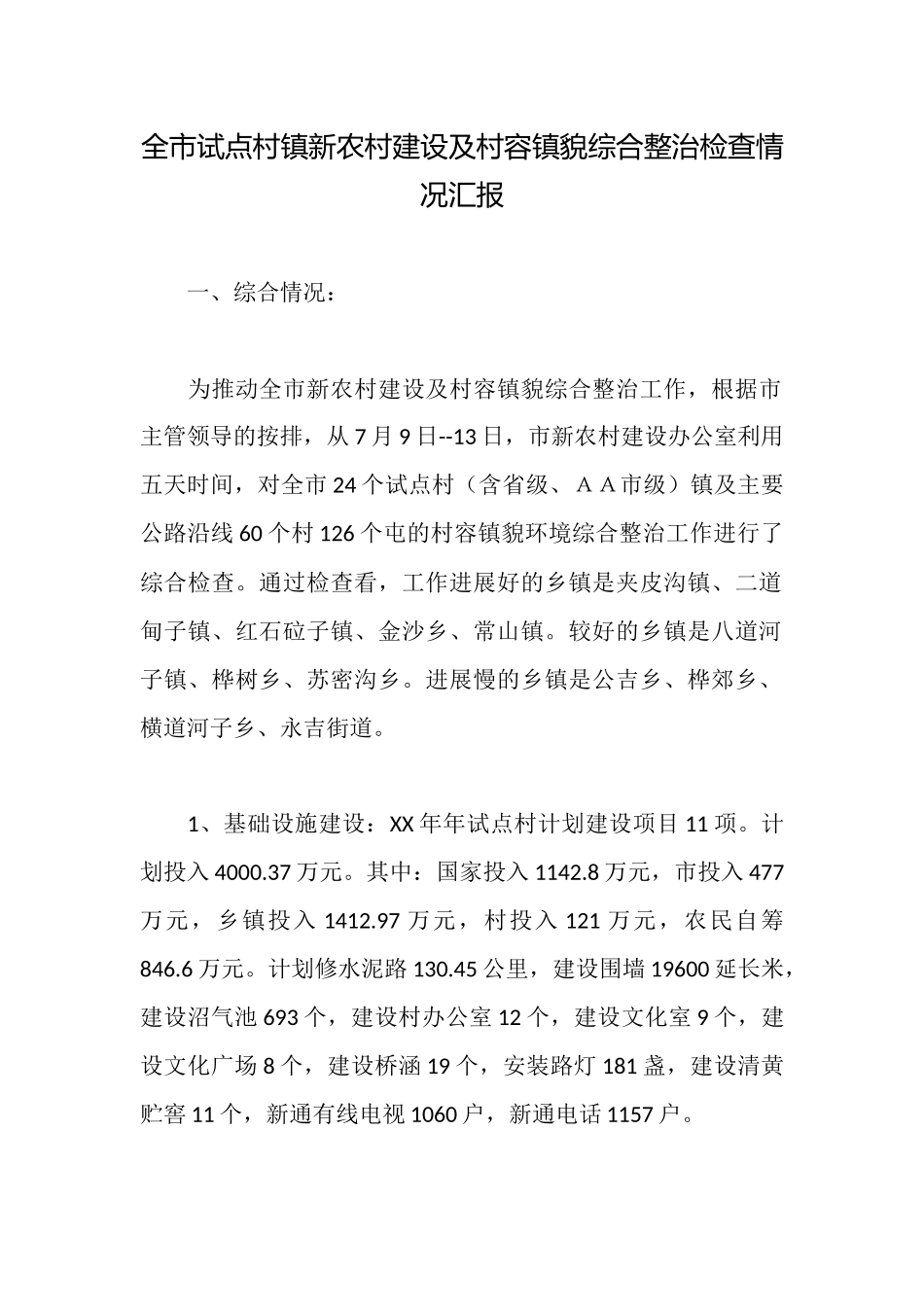 全市试点村镇新农村建设及村容镇貌综合整治检查情况汇报_第1页