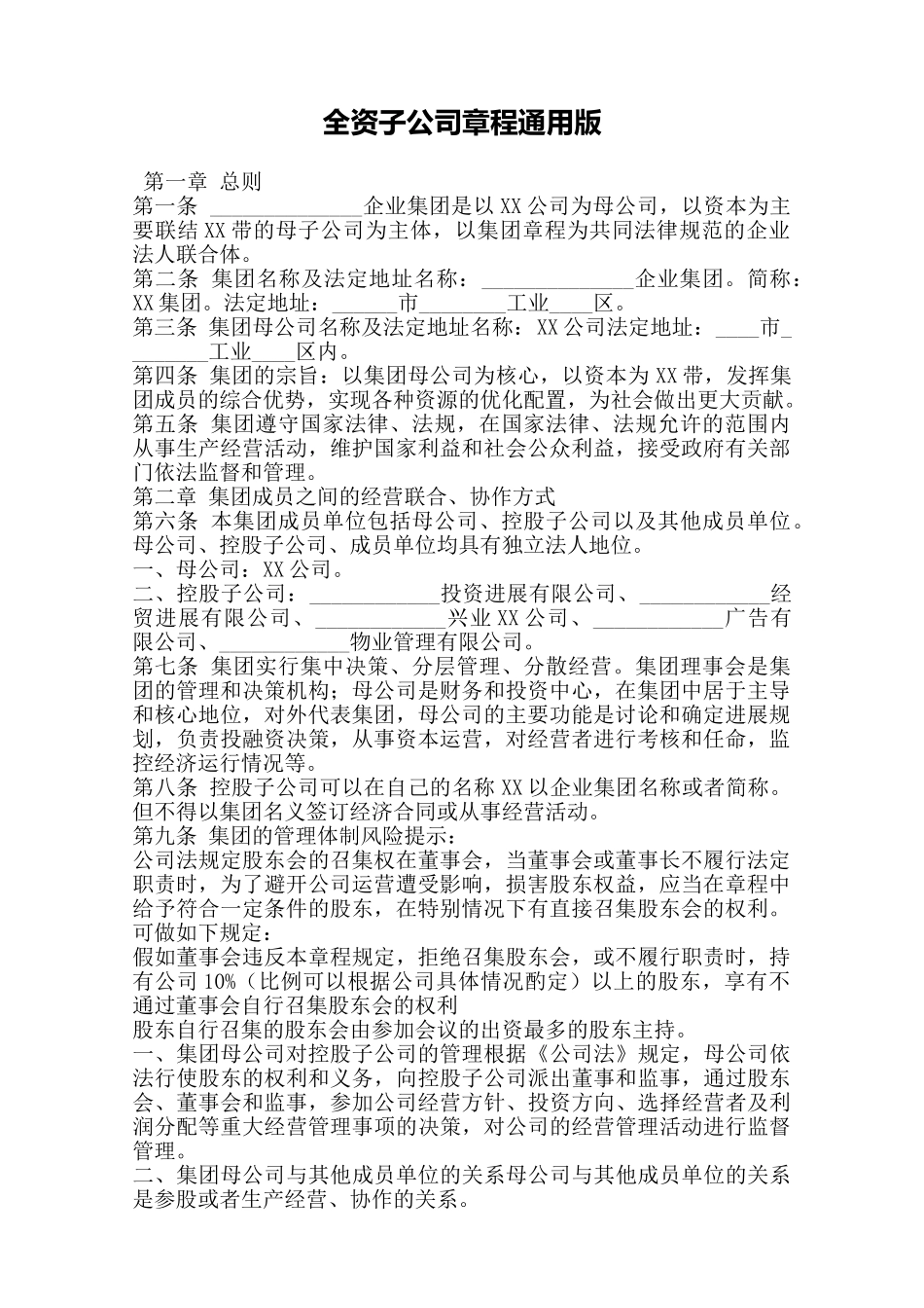 全资子公司章程通用版——范本_第1页