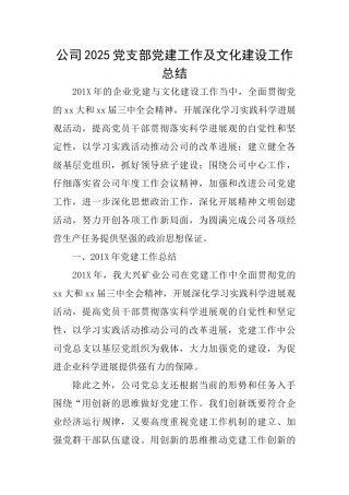 公司2025党支部党建工作及文化建设工作总结