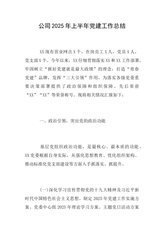 公司2025年上半年党建工作总结