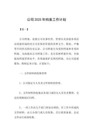 公司2025年档案工作计划