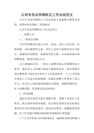 公司专员试用期转正工作总结范文
