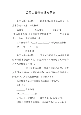 公司人事任命通知范文