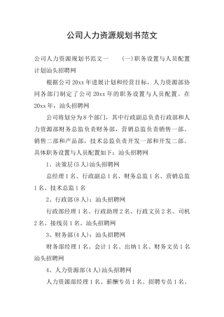 公司人力资源规划书范文