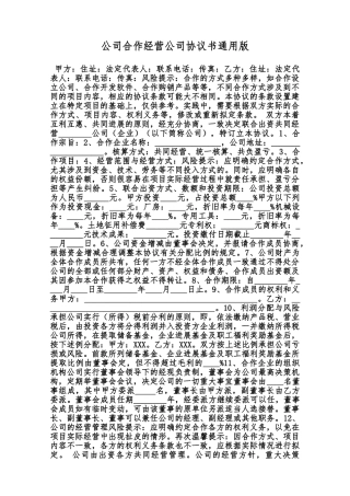 公司合作经营公司协议书通用版范本