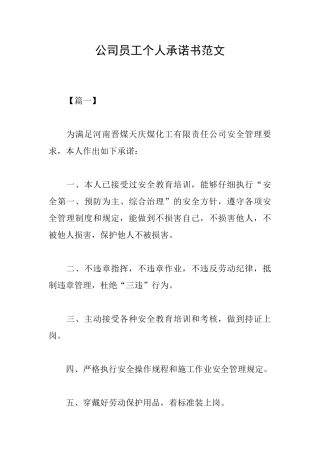 公司员工个人承诺书范文