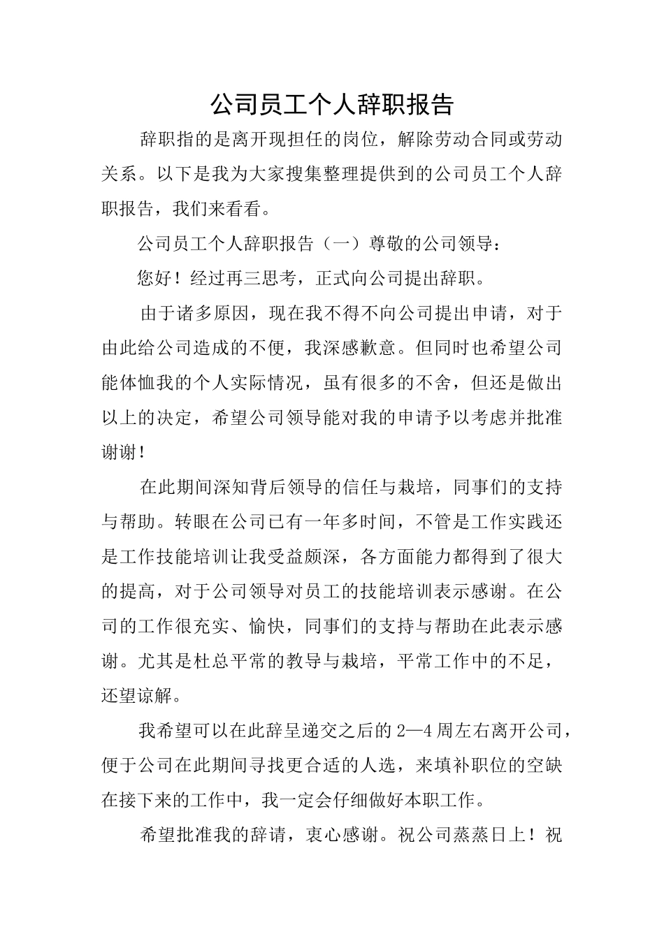 公司员工个人辞职报告_第1页