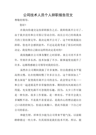 公司技术人员个人辞职报告范文