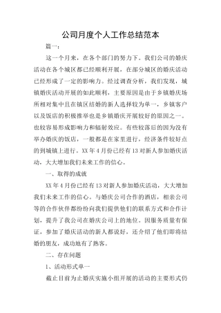 公司月度个人工作总结范本