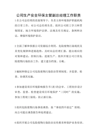 公司生产安全环保主管副总经理工作职责