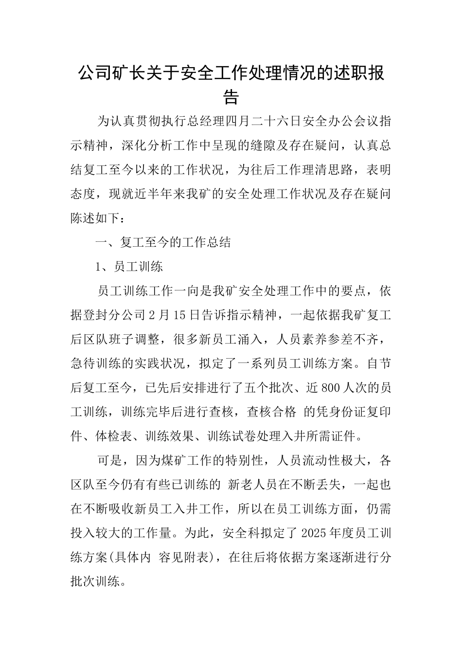 公司矿长关于安全工作处理情况的述职报告_第1页