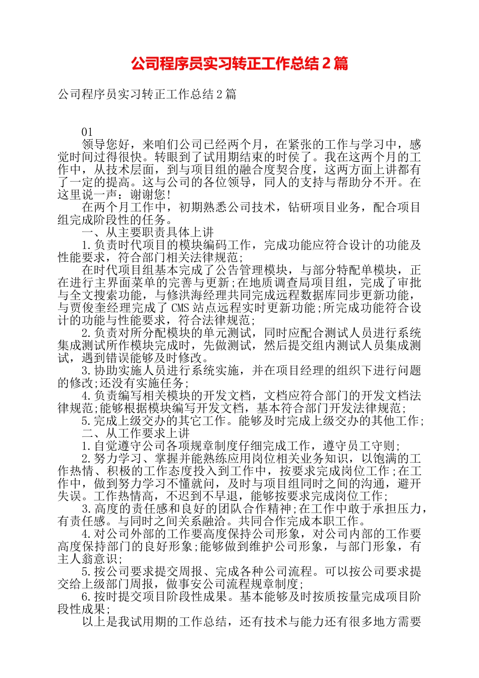 公司程序员实习转正工作总结2篇——_第1页