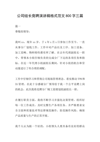 公司组长竞聘演讲稿格式范文800字三篇