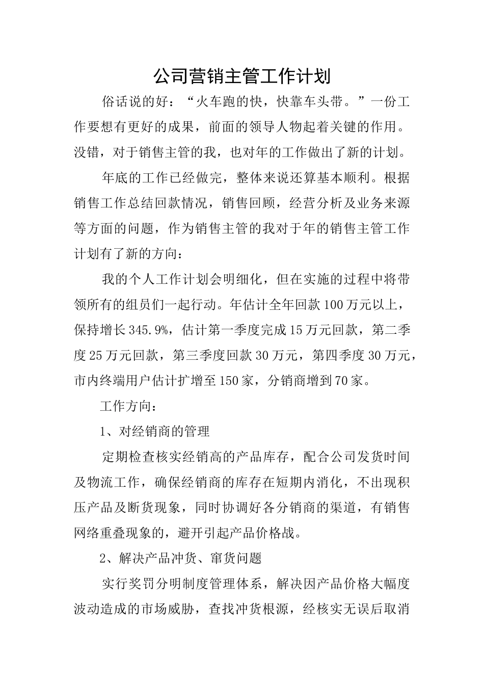 公司营销主管工作计划_第1页