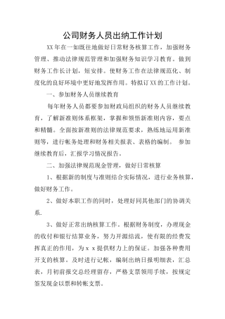 公司财务人员出纳工作计划