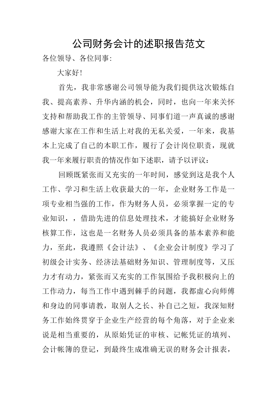 公司财务会计的述职报告范文_第1页