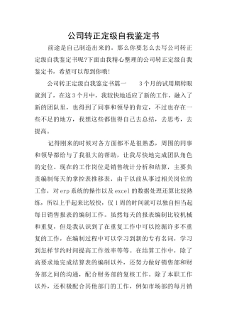 公司转正定级自我鉴定书