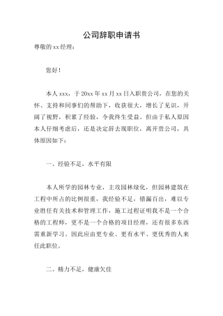 公司辞职申请书