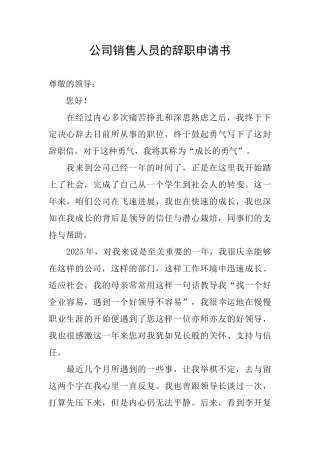 公司销售人员的辞职申请书