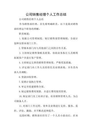 公司销售经理个人工作总结