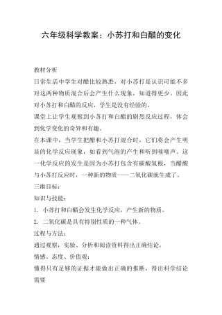 六年级科学教案：小苏打和白醋的变化