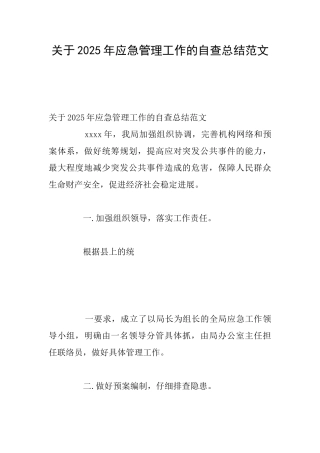 关于2025年应急管理工作的自查总结范文