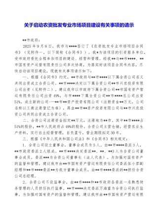 关于启动农资批发专业市场项目建设有关事项的请示