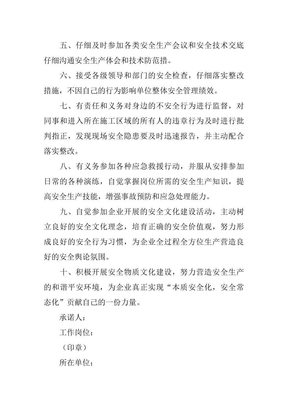 关于员工安全生产承诺书模板汇总6篇_第2页