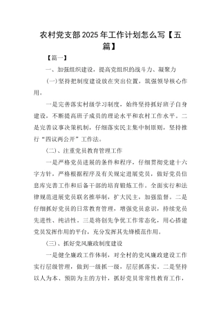 农村党支部2025年工作计划怎么写
