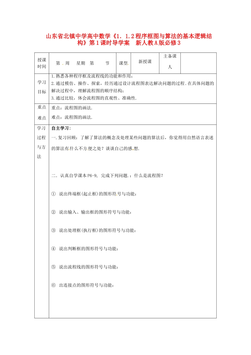 山东省北镇中学高中数学《1.1.2程序框图与算法的基本逻辑结构》第1课时导学案 新人教A版必修3_第1页