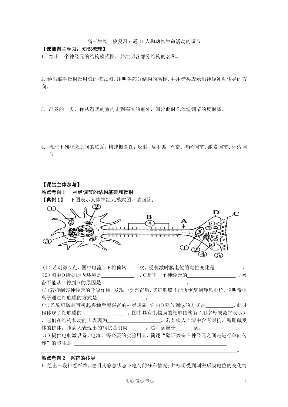 山东省崂山二中2012高三生物二轮复习 人和动物生命活动的调节学案_第1页