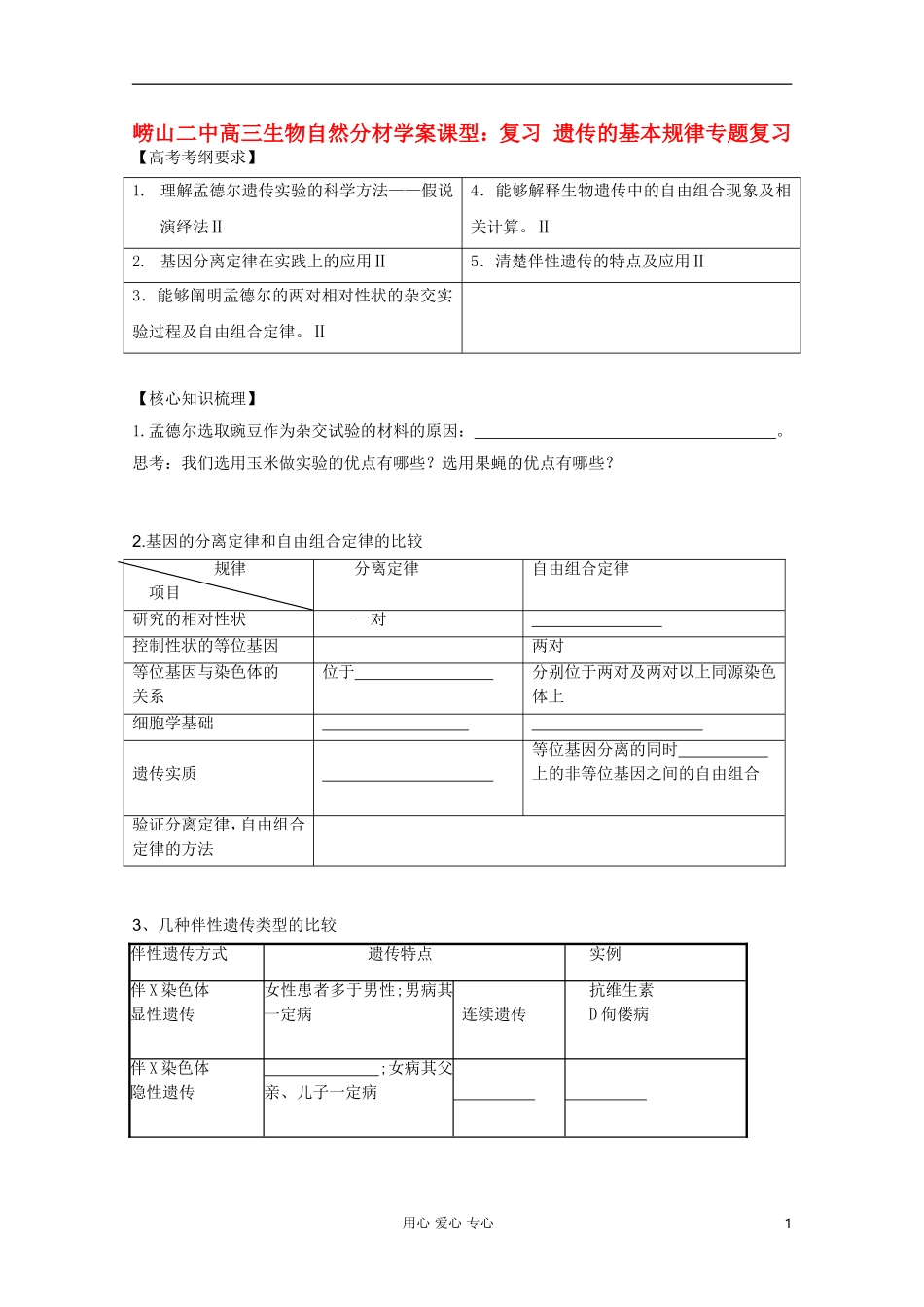 山东省崂山二中2012高三生物二轮复习 遗传的基本规律学案_第1页