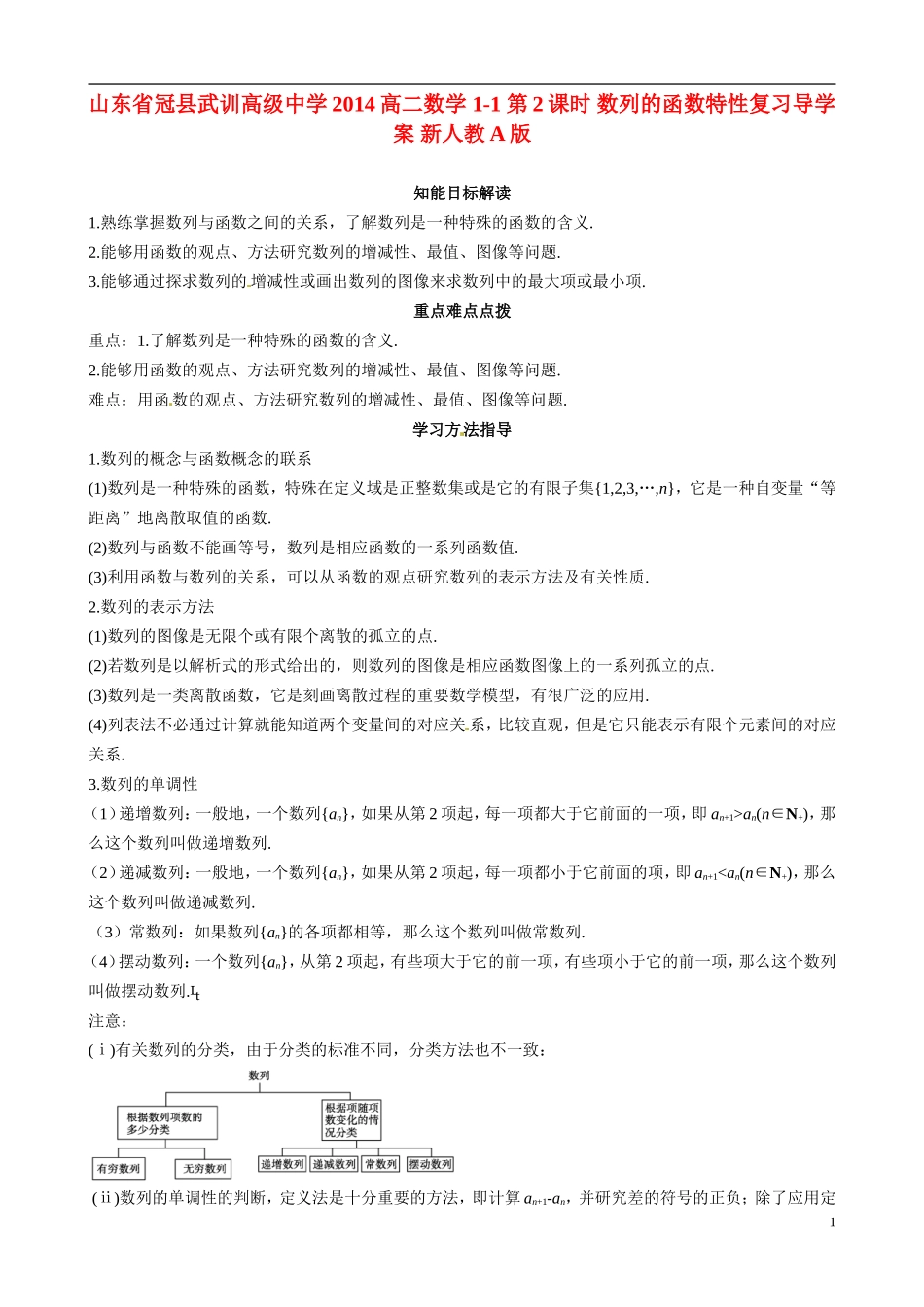 山东省冠县武训高级中学2014高二数学 1-1 第2课时 数列的函数特性复习导学案 新人教A版_第1页