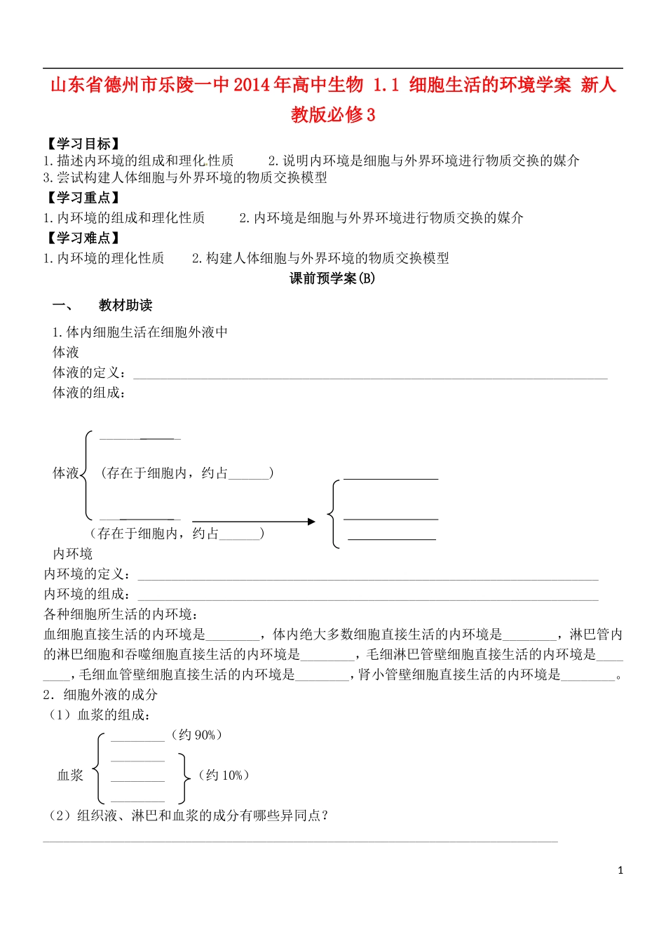 山东省德州市乐陵一中2014年高中生物 1.1 细胞生活的环境学案 新人教版必修3_第1页