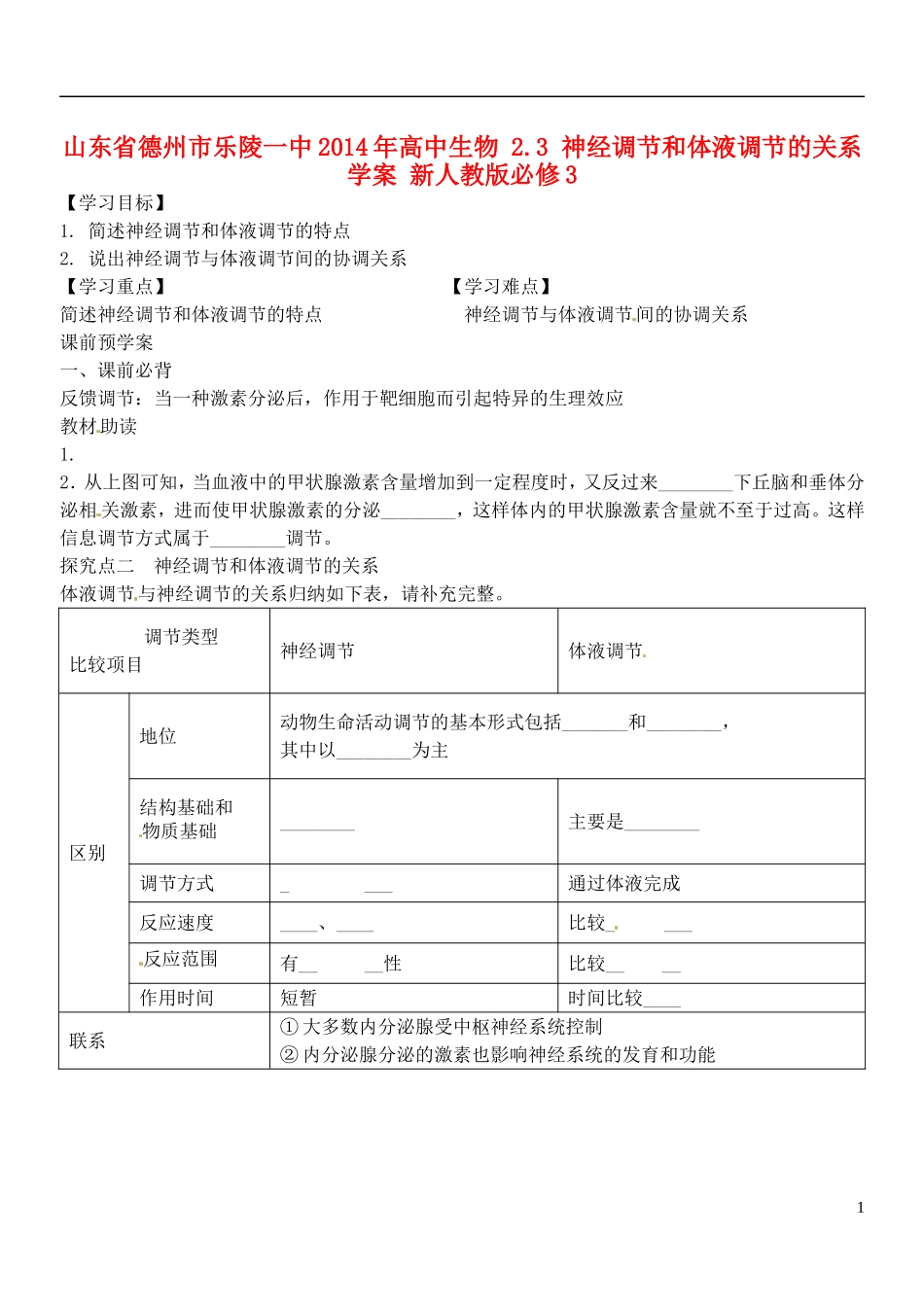 山东省德州市乐陵一中2014年高中生物 2.3 神经调节和体液调节的关系学案 新人教版必修3_第1页