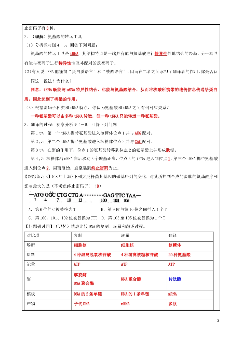 山东省平度一中2014-2015学年度高考生物一轮复习 基因的表达导学案_第3页