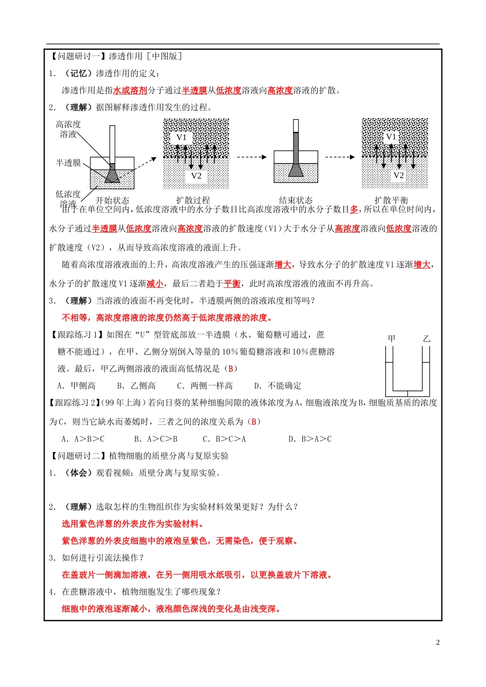 山东省平度一中2014-2015学年度高考生物一轮复习 物质跨膜运输的实例导学案_第2页
